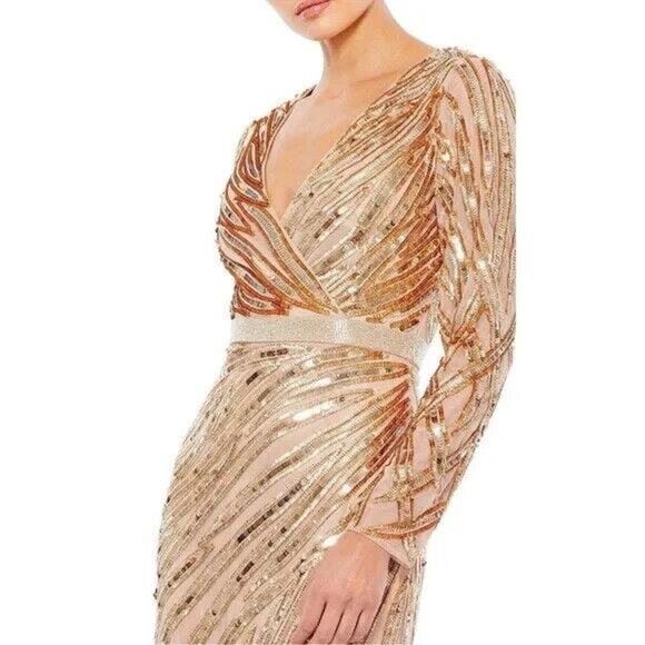 Mac‎ Duggal 5432 Long Sleeved Sequin Streaked Copper Long Gown Gold Copper Sz 10 - Picture 2 of 6